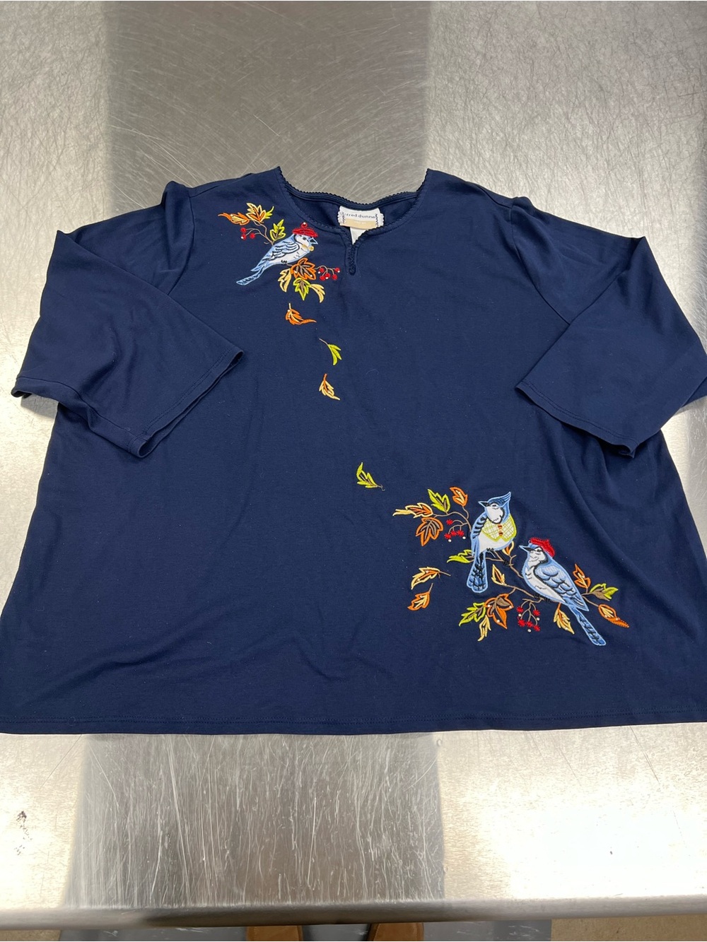 Alfred Dunner Navy Blue 3/4 -Sleeve Top with Embroidered Birds Women’s 2X
